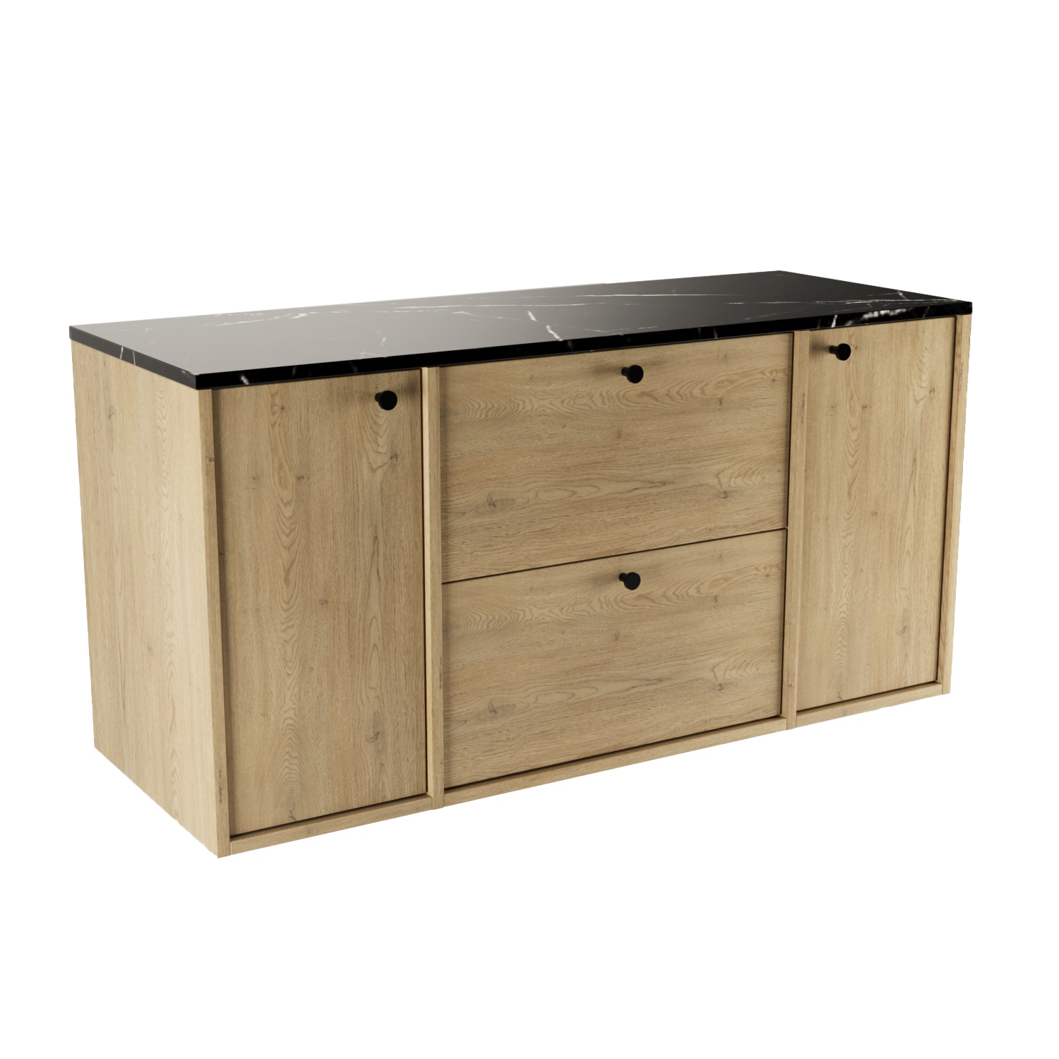Dulap lavoar Belino 120 cm Stejar Cremona cu 2 sertare SOFT-CLOSE, 2 uși și blat Marmură Neagră, design modern și contrastant pentru baie.