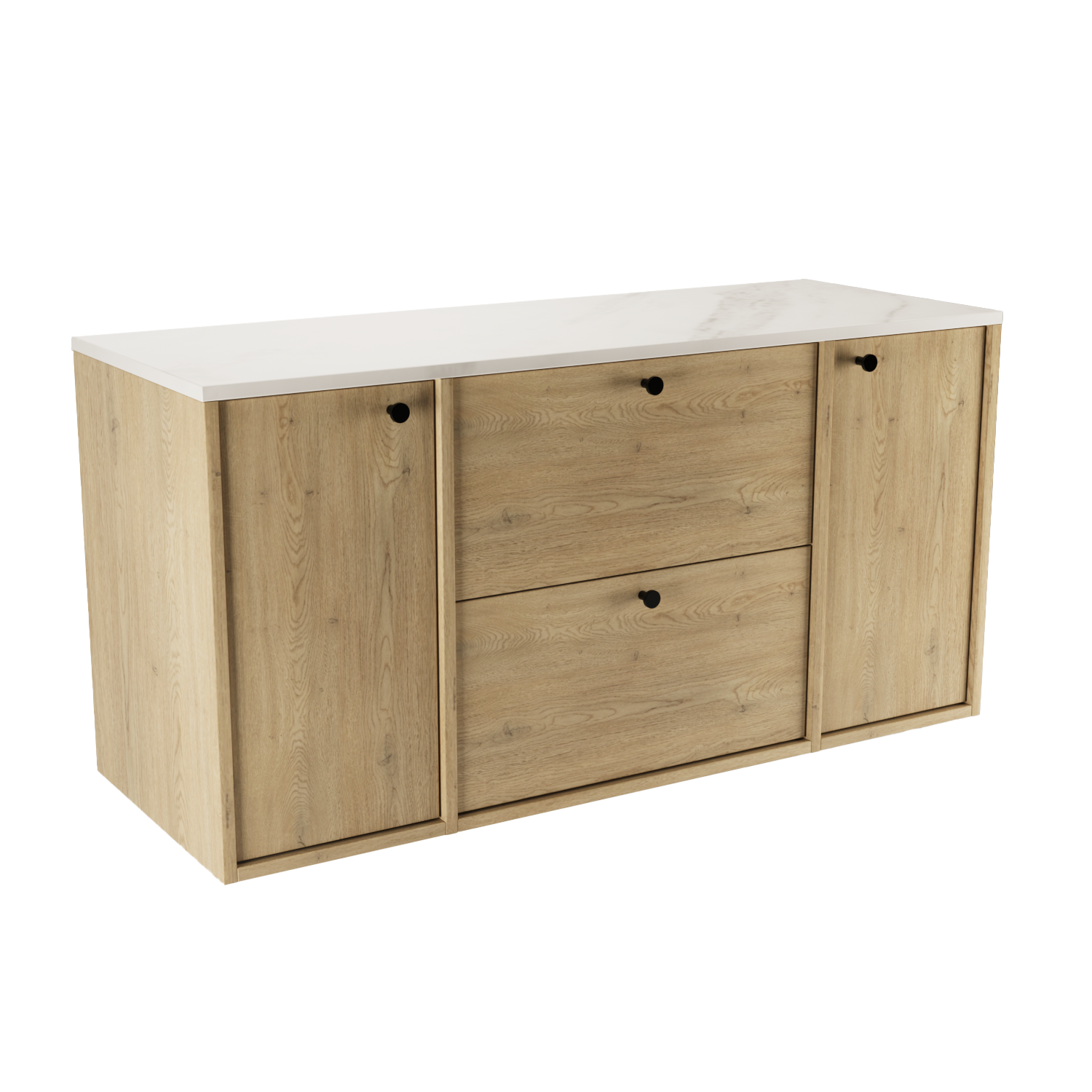 Dulap lavoar Belino 120 cm Stejar Cremona cu 2 sertare SOFT-CLOSE, 2 uși și blat Marmură Bianco, design modern și elegant pentru baie.