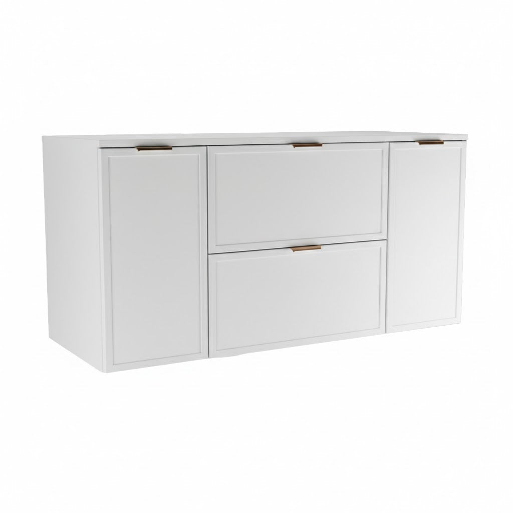 Dulap pentru lavoar Roma 120 cm, finisaj Alb, cu 2 uși și 2 sertare, fronturi MDF cu ramă decorativă și sistem Soft-Close.