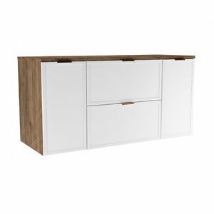 Dulap pentru lavoar Roma 120 cm, finisaj Alb/Nuc Închis, cu 2 uși și 2 sertare, fronturi MDF cu ramă decorativă și sistem Soft-Close.