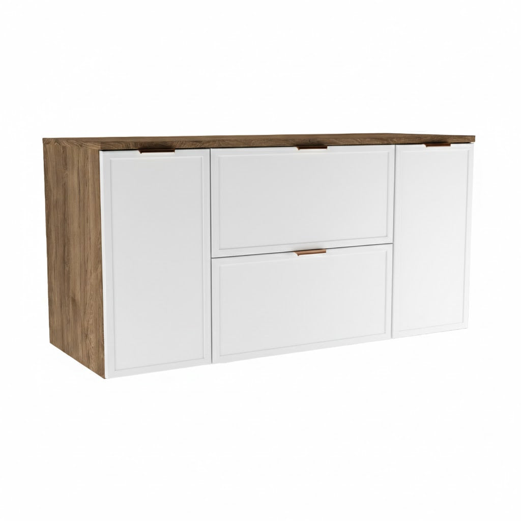 Dulap pentru lavoar Roma 120 cm, finisaj Alb/Nuc Închis, cu 2 uși și 2 sertare, fronturi MDF cu ramă decorativă și sistem Soft-Close.