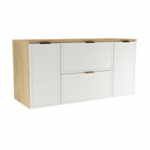 Dulap pentru lavoar Roma 120 cm, finisaj Alb/Stejar Cremona, cu 2 uși și 2 sertare, fronturi MDF cu ramă decorativă și sistem Soft-Close.