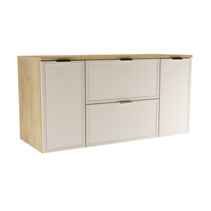 Dulap pentru lavoar Roma 120 cm, finisaj Cașmir/Stejar Cremona, cu 2 uși și 2 sertare, fronturi MDF cu ramă decorativă și sistem Soft-Close.