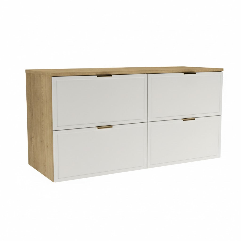 Dulap pentru lavoar Roma 120 cm Alb/Stejar Cremona, 4 sertare, fronturi cu ramă decorativă, design modern și natural pentru baie