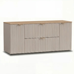 Dulap pentru lavoar Willy 140 cm Casmir cu blat Nuc, două sertare centrale și două dulapuri laterale cu uși, ideal pentru băi spațioase și moderne.