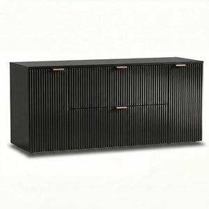 Dulap pentru lavoar Willy 140 cm Negru cu două sertare centrale Soft-Close și două dulapuri laterale cu uși, ideal pentru băi moderne și elegante.