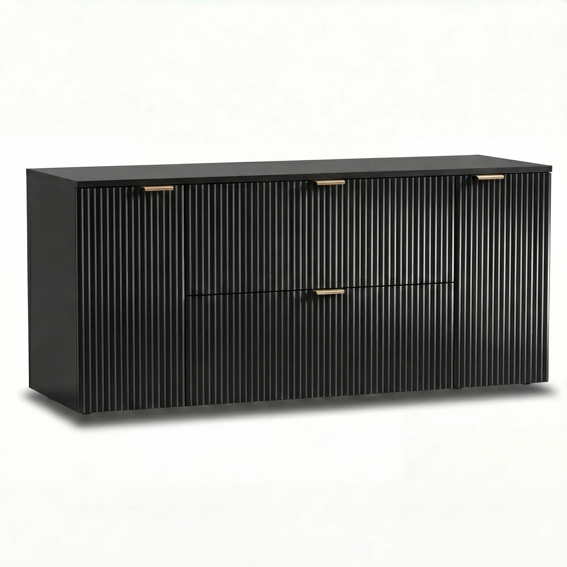 Dulap pentru lavoar Willy 140 cm Negru cu două sertare centrale Soft-Close și două dulapuri laterale cu uși, ideal pentru băi moderne și elegante.