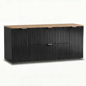 Dulap pentru lavoar Willy 140 cm Negru cu blat Nuc, două sertare centrale Soft-Close și două dulapuri laterale cu uși, pentru băi moderne și elegante.