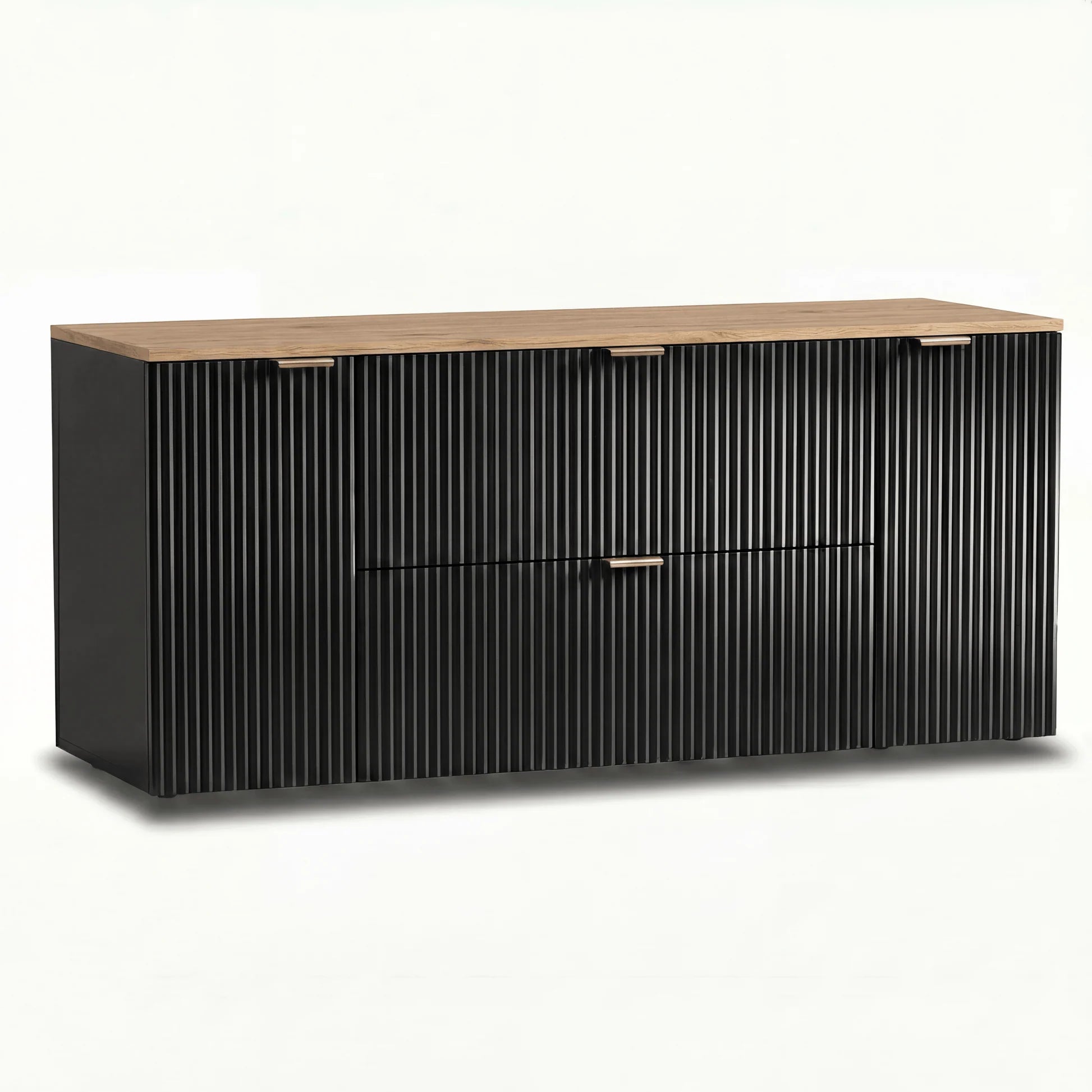 Dulap pentru lavoar Willy 140 cm Negru cu blat Nuc, două sertare centrale Soft-Close și două dulapuri laterale cu uși, pentru băi moderne și elegante.