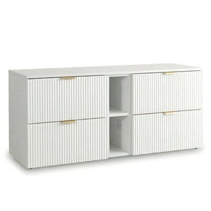 Dulap pentru lavoar Willy 140 cm Alb cu 4 sertare și raft lateral, fronturi riflate MDF și blat din PAL laminat, ideal pentru băi moderne și luminoase.