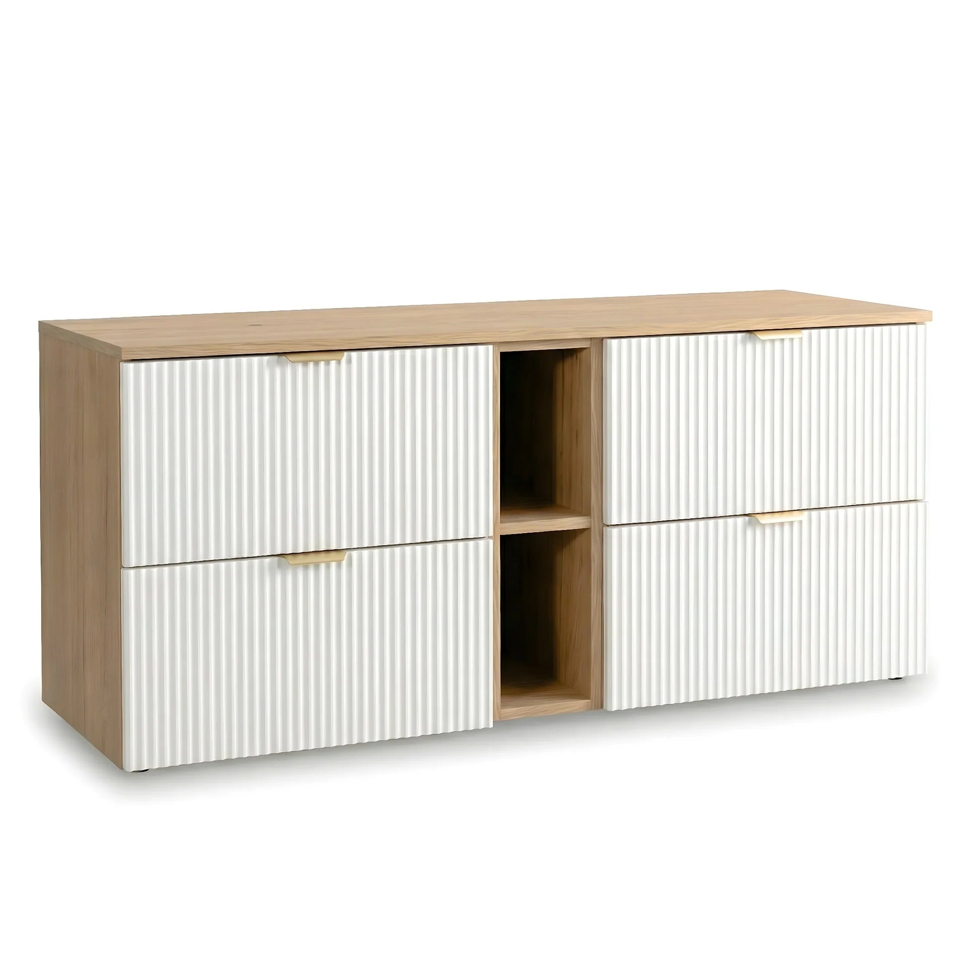 Dulap pentru lavoar Willy 140 cm Alb/Nuc cu 4 sertare și raft lateral, fronturi riflate MDF și blat din PAL laminat, ideal pentru băi moderne și elegante.