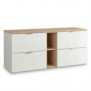 Dulap pentru lavoar Willy 140 cm alb/nuc cu 4 sertare, raft deschis și fronturi canelate, mobilier modern pentru baie spațioasă.