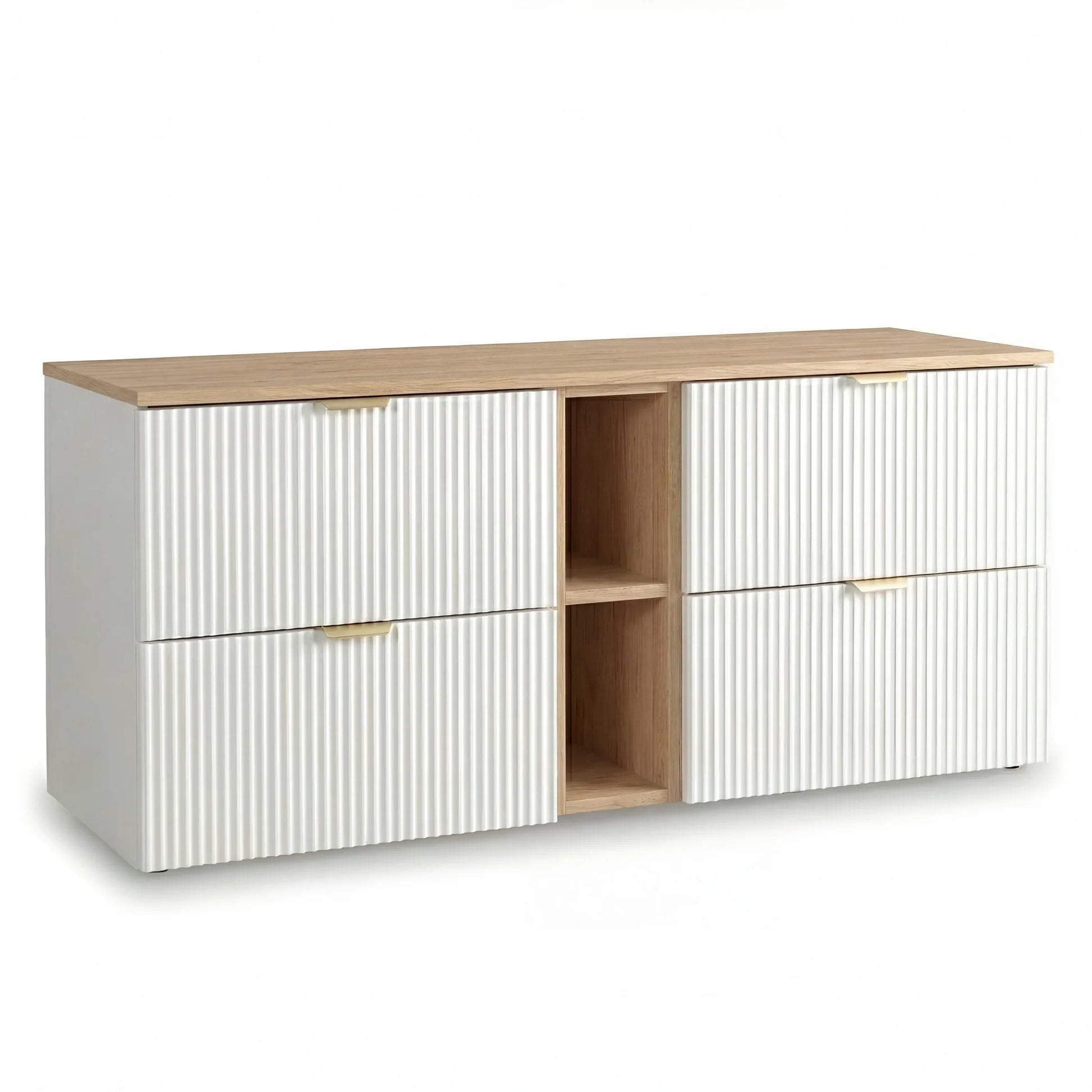 Dulap pentru lavoar Willy 140 cm alb/nuc cu 4 sertare, raft deschis și fronturi canelate, mobilier modern pentru baie spațioasă.