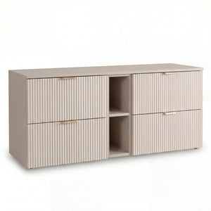 Dulap pentru lavoar Willy 140 cm Casmir cu 4 sertare și raft lateral, fronturi riflate MDF și blat din PAL laminat, ideal pentru băi moderne și elegante.
