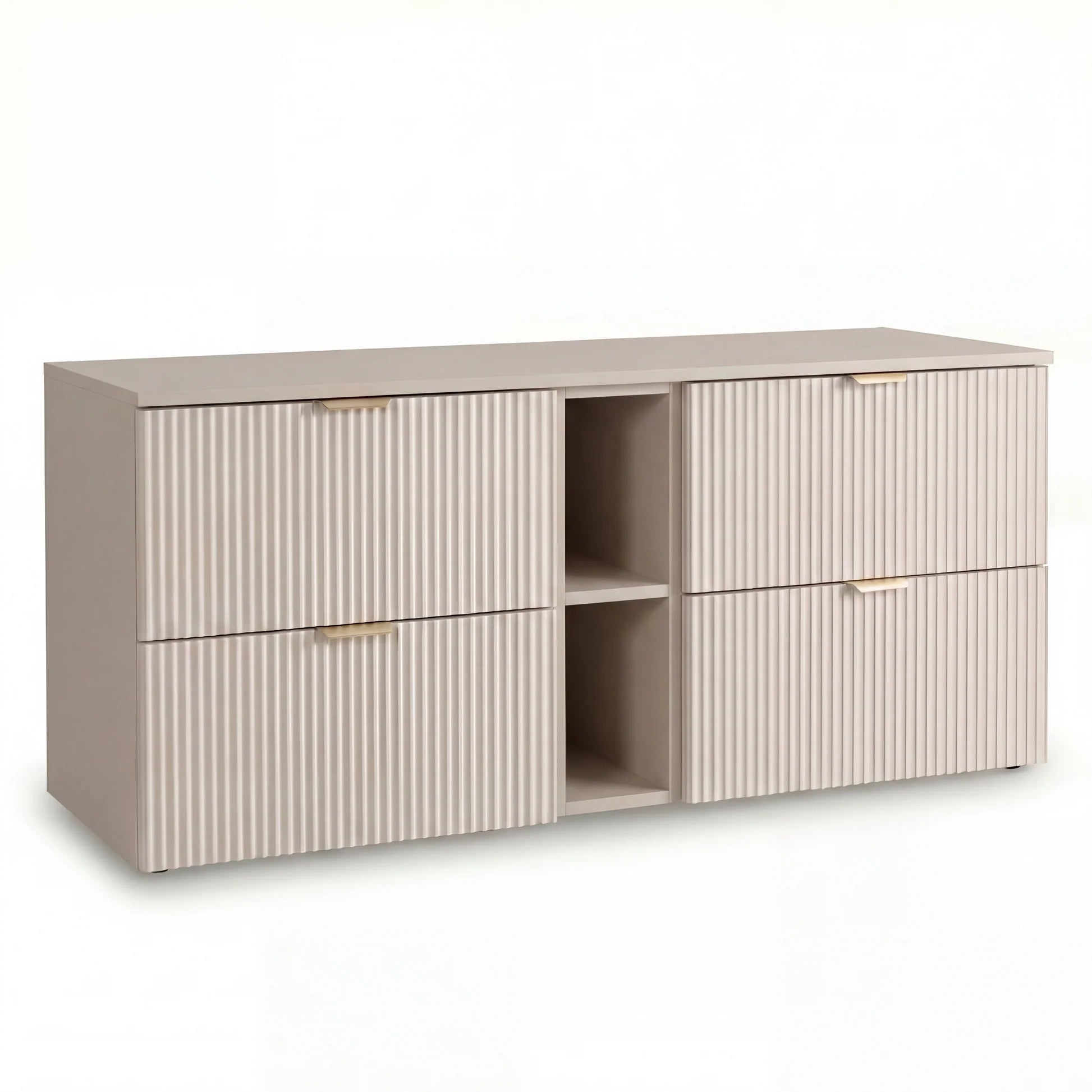 Dulap pentru lavoar Willy 140 cm Casmir cu 4 sertare și raft lateral, fronturi riflate MDF și blat din PAL laminat, ideal pentru băi moderne și elegante.