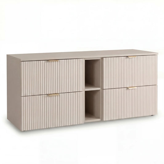 Dulap pentru lavoar Willy 140 cm Casmir cu 4 sertare și raft lateral, fronturi riflate MDF și blat din PAL laminat, ideal pentru băi moderne și elegante.