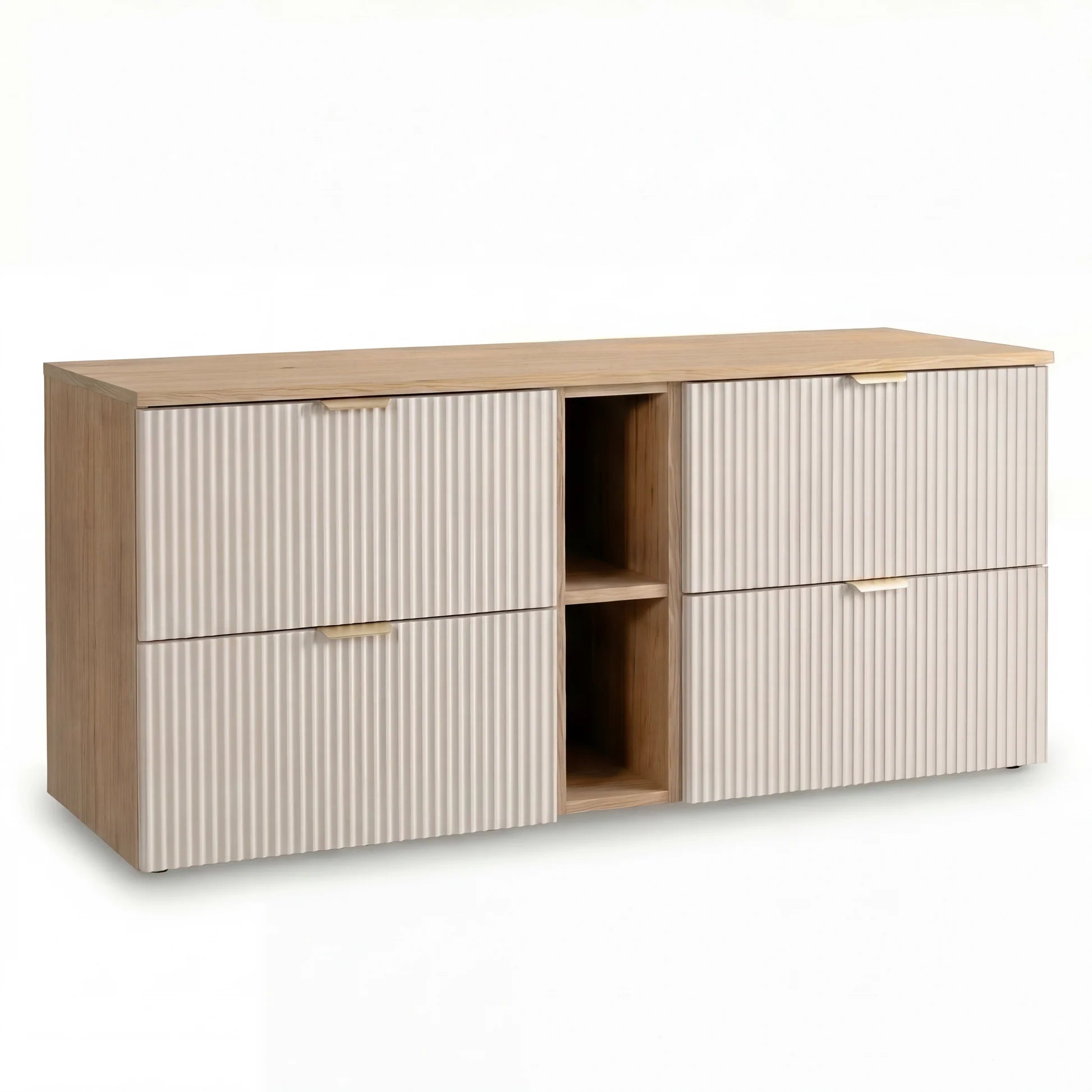 Dulap pentru lavoar Willy 140 cm Casmir/Nuc cu 4 sertare și raft lateral, fronturi riflate MDF și blat din PAL laminat, pentru băi moderne și elegante.