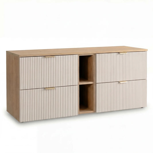 Dulap pentru lavoar Willy 140 cm Casmir/Nuc cu 4 sertare și raft lateral, fronturi riflate MDF și blat din PAL laminat, pentru băi moderne și elegante.