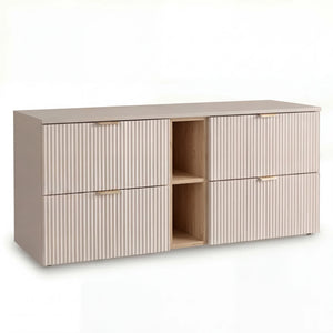 Dulap pentru lavoar Willy 140 cm cașmir/nuc cu 4 sertare, raft deschis și fronturi canelate, mobilier modern pentru baie spațioasă.