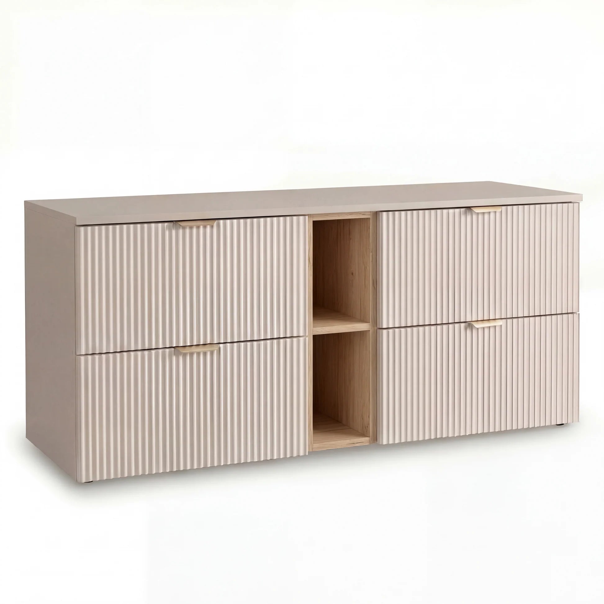 Dulap pentru lavoar Willy 140 cm cașmir/nuc cu 4 sertare, raft deschis și fronturi canelate, mobilier modern pentru baie spațioasă.