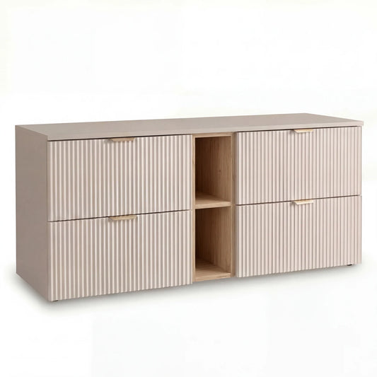 Dulap pentru lavoar Willy 140 cm cașmir/nuc cu 4 sertare, raft deschis și fronturi canelate, mobilier modern pentru baie spațioasă.