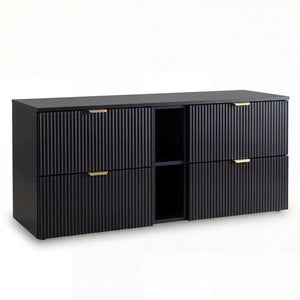 Dulap pentru lavoar Willy 140 cm Negru cu 4 sertare și raft lateral, fronturi riflate MDF și blat din PAL laminat, ideal pentru băi moderne și elegante.