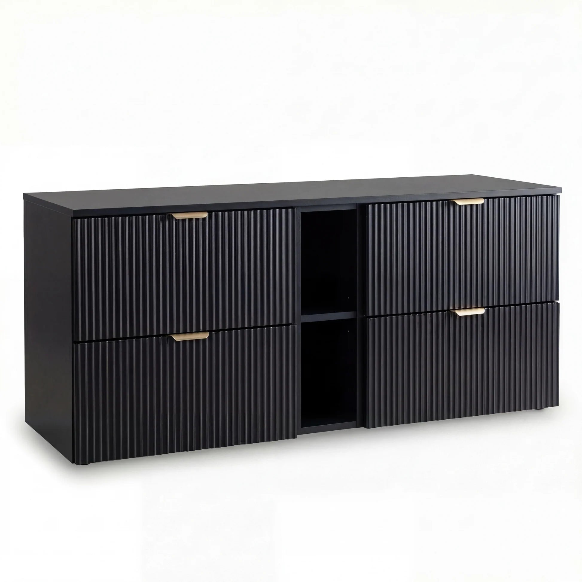 Dulap pentru lavoar Willy 140 cm Negru cu 4 sertare și raft lateral, fronturi riflate MDF și blat din PAL laminat, ideal pentru băi moderne și elegante.