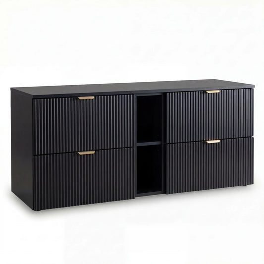 Dulap pentru lavoar Willy 140 cm Negru cu 4 sertare și raft lateral, fronturi riflate MDF și blat din PAL laminat, ideal pentru băi moderne și elegante.