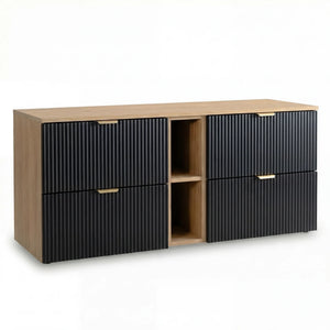 Dulap pentru lavoar Willy 140 cm Negru/Nuc cu 4 sertare și raft lateral, fronturi riflate MDF și blat din PAL laminat, pentru băi moderne și elegante.