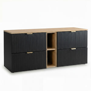 Dulap pentru lavoar Willy 140 cm negru cu raft și blat nuc, 4 sertare riflate și design modern pentru baie.