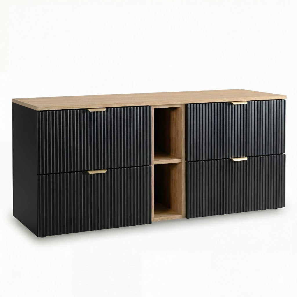 Dulap pentru lavoar Willy 140 cm negru cu raft și blat nuc, 4 sertare riflate și design modern pentru baie.