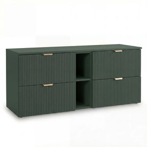 Dulap pentru lavoar Willy 140 cm Verde Salvie cu 4 sertare și raft lateral, fronturi riflate MDF și blat din PAL laminat, ideal pentru băi moderne și elegante.