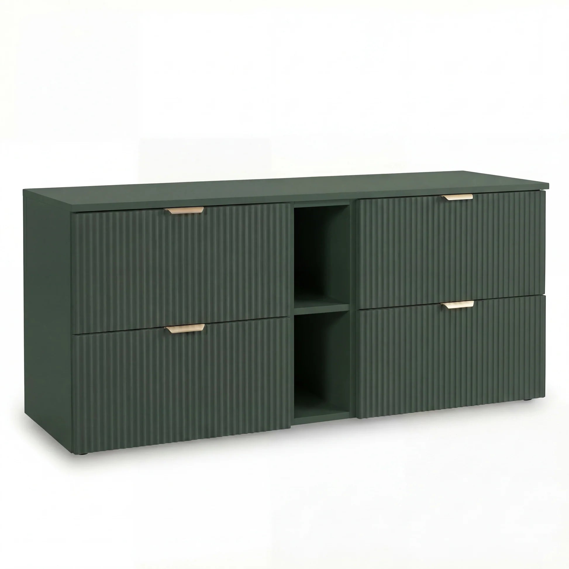 Dulap pentru lavoar Willy 140 cm Verde Salvie cu 4 sertare și raft lateral, fronturi riflate MDF și blat din PAL laminat, ideal pentru băi moderne și elegante.