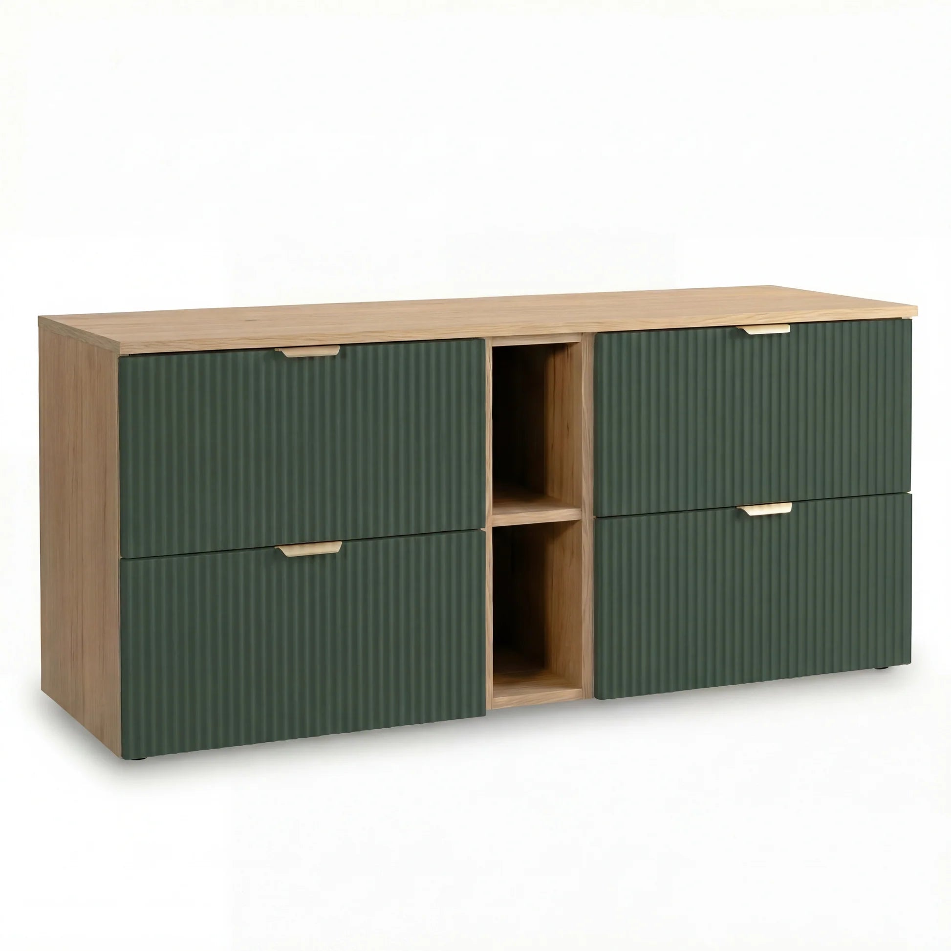 Dulap pentru lavoar Willy 140 cm Verde/Nuc cu 4 sertare și raft lateral, fronturi riflate MDF și blat din PAL laminat, ideal pentru băi moderne și naturale.