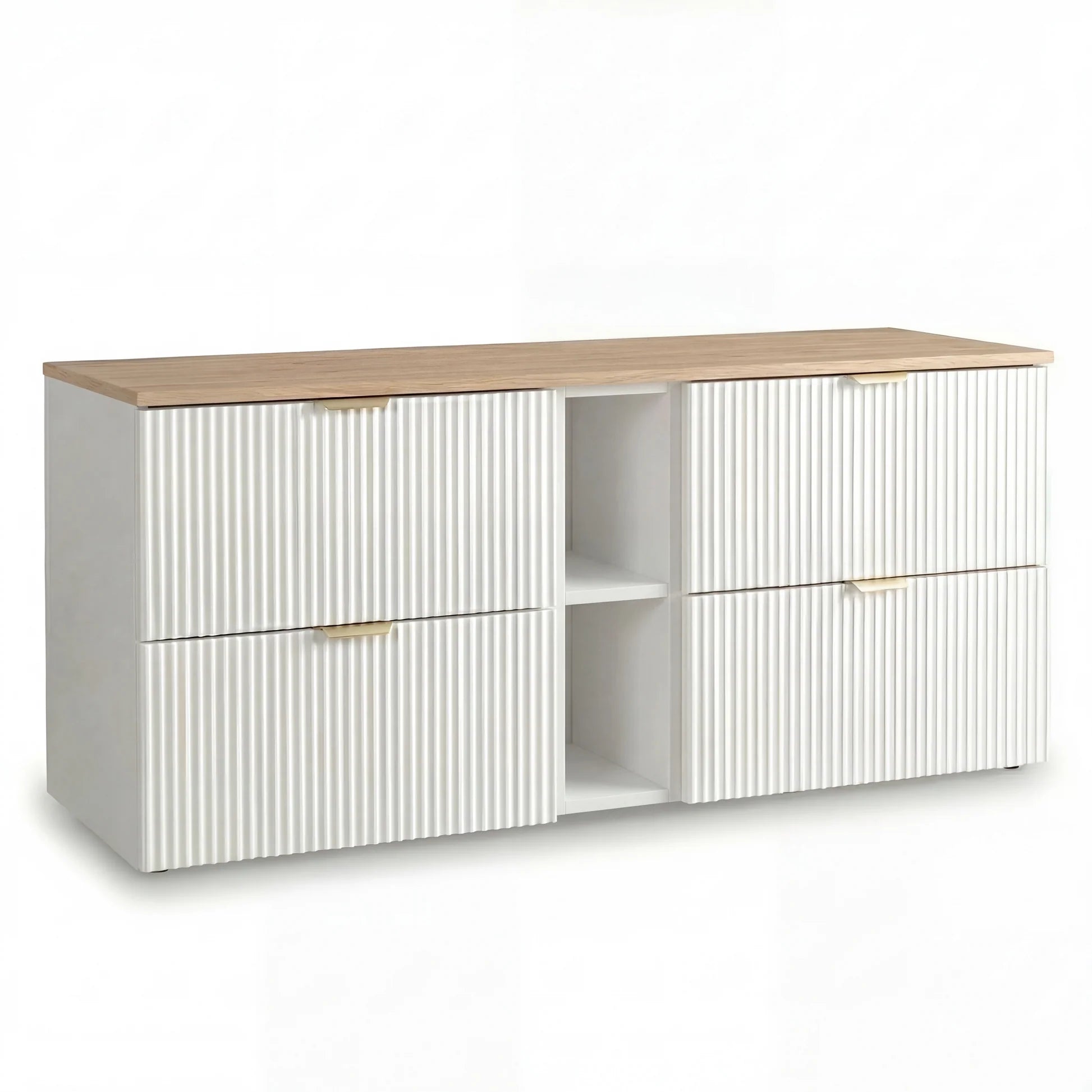 Dulap pentru lavoar Willy 140 cm Alb/Nuc Top cu 4 sertare și raft lateral deschis, fronturi riflate MDF și blat din nuc, ideal pentru băi moderne și elegante.