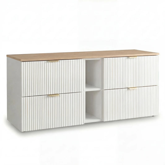 Dulap pentru lavoar Willy 140 cm Alb/Nuc Top cu 4 sertare și raft lateral deschis, fronturi riflate MDF și blat din nuc, ideal pentru băi moderne și elegante.