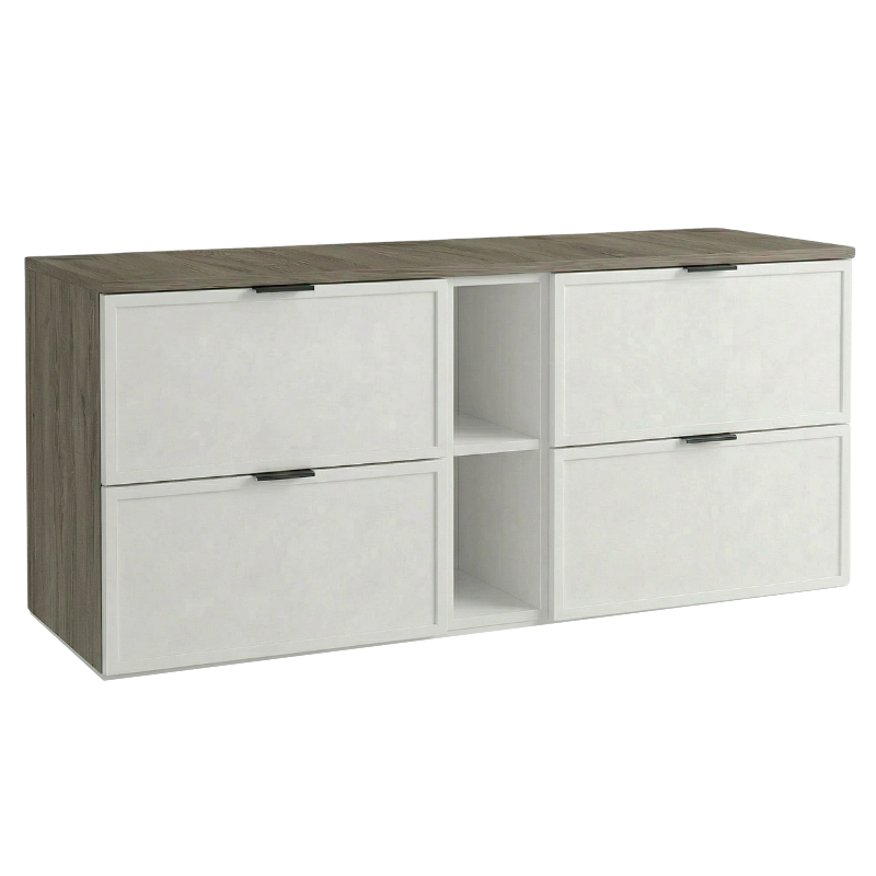Dulap pentru lavoar Roma 140 cm Alb/Nuc Închis, cu raft lateral, 4 sertare, blat continuu și fronturi cu ramă decorativă, mobilier modern de baie