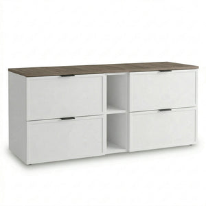 Dulap pentru lavoar Roma 140 cm Alb cu blat Nuc Închis, cu raft lateral, 4 sertare, design modern de baie cu contrast elegant și funcționalitate ridicată