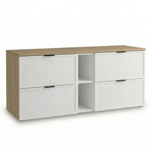 Dulap pentru lavoar Roma 140 cm Alb/Stejar Cremona, cu raft lateral, 4 sertare, blat continuu și fronturi cu ramă decorativă, mobilier modern de baie