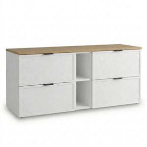 Dulap pentru lavoar Roma 140 cm Alb cu blat Stejar Cremona, cu raft lateral, 4 sertare și fronturi cu ramă decorativă, mobilier modern de baie
