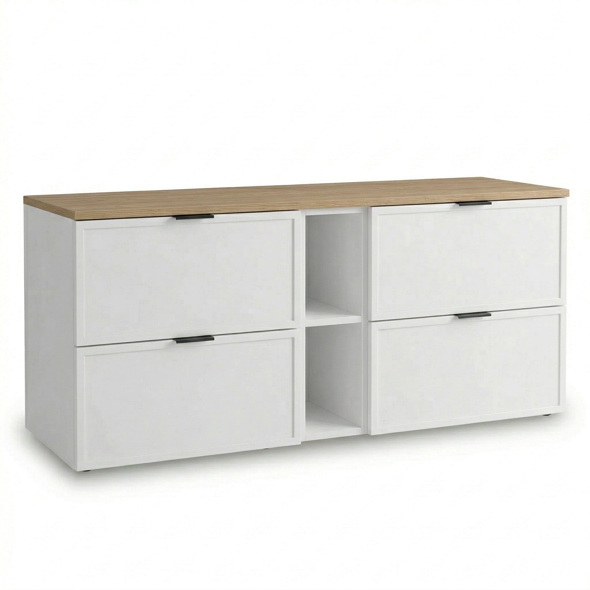 Dulap pentru lavoar Roma 140 cm Alb cu blat Stejar Cremona, cu raft lateral, 4 sertare și fronturi cu ramă decorativă, mobilier modern de baie