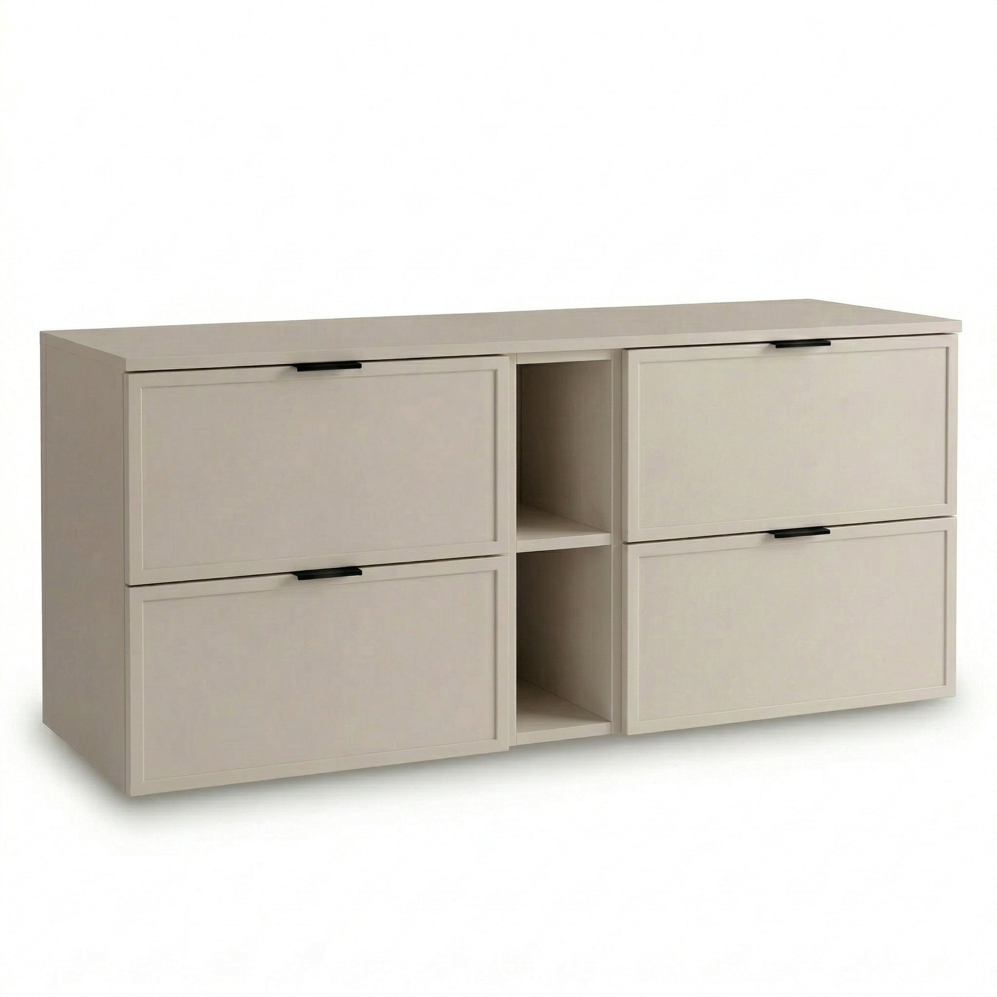 Dulap pentru lavoar Roma 140 cm în finisaj Cașmir, cu 4 sertare, modul lateral de 20 cm și blat de 140 cm, fronturi MDF cu ramă decorativă.