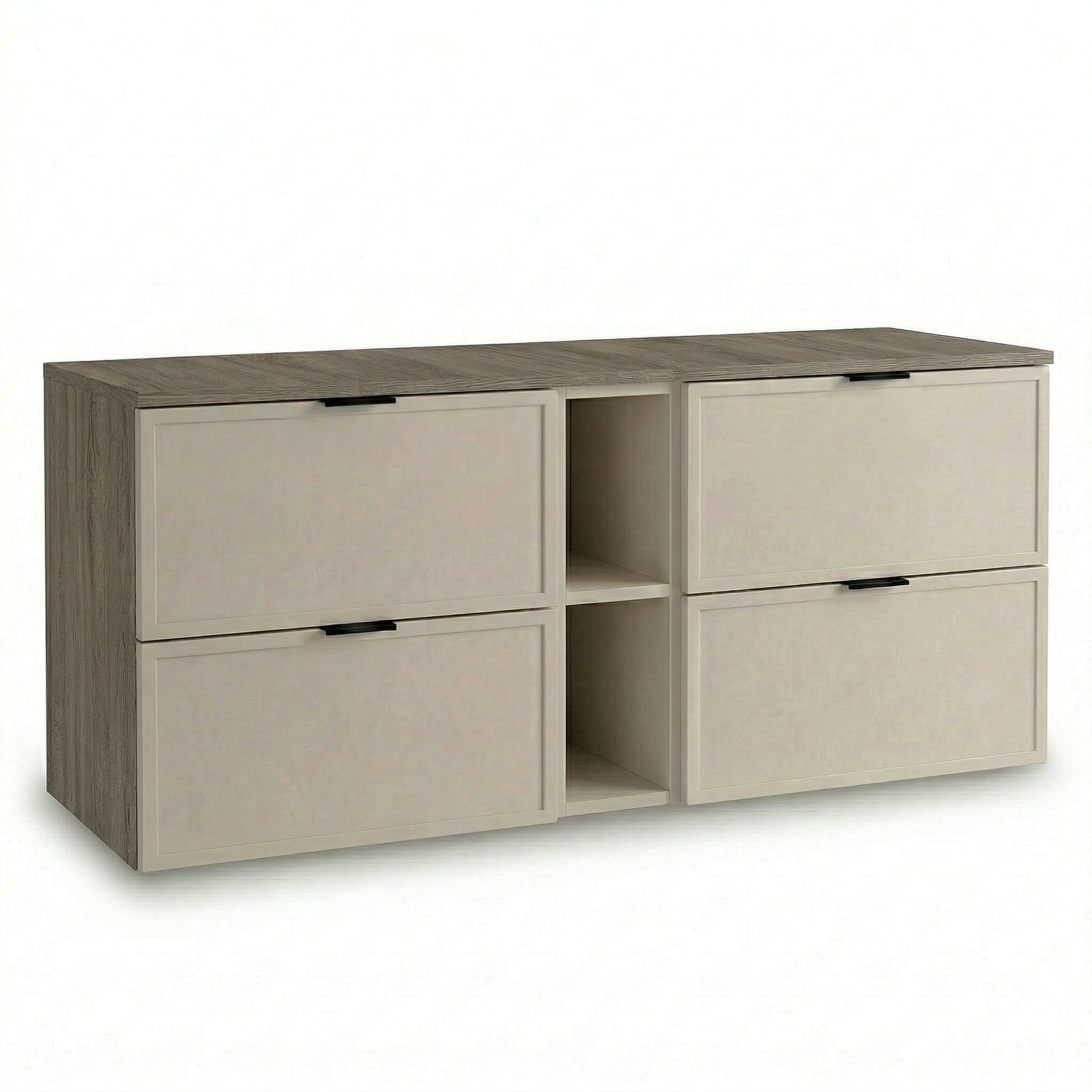 Dulap pentru lavoar Roma 140 cm Cașmir / Nuc închis, cu 4 sertare, modul lateral și blat de 140 cm, fronturi MDF cu ramă decorativă.