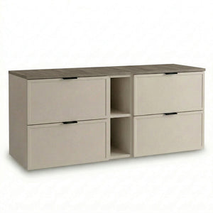 Dulap pentru lavoar Roma 140 cm Cașmir / Nuc închis top, cu 4 sertare, modul lateral 20 cm și blat Nuc închis, fronturi MDF cu ramă decorativă.