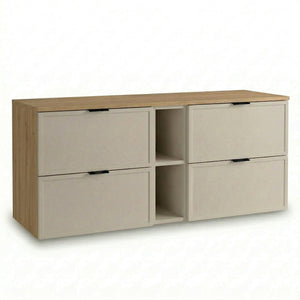 Dulap pentru lavoar Roma 140 cm Cașmir / Stejar Cremona, cu 4 sertare, modul lateral și blat 140 cm în decor lemn, fronturi MDF cu ramă decorativă.
