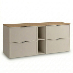 Dulap pentru lavoar Roma 140 cm Cașmir / Stejar Cremona top, cu 4 sertare, modul lateral 20 cm și blat Stejar Cremona, fronturi MDF cu ramă decorativă.