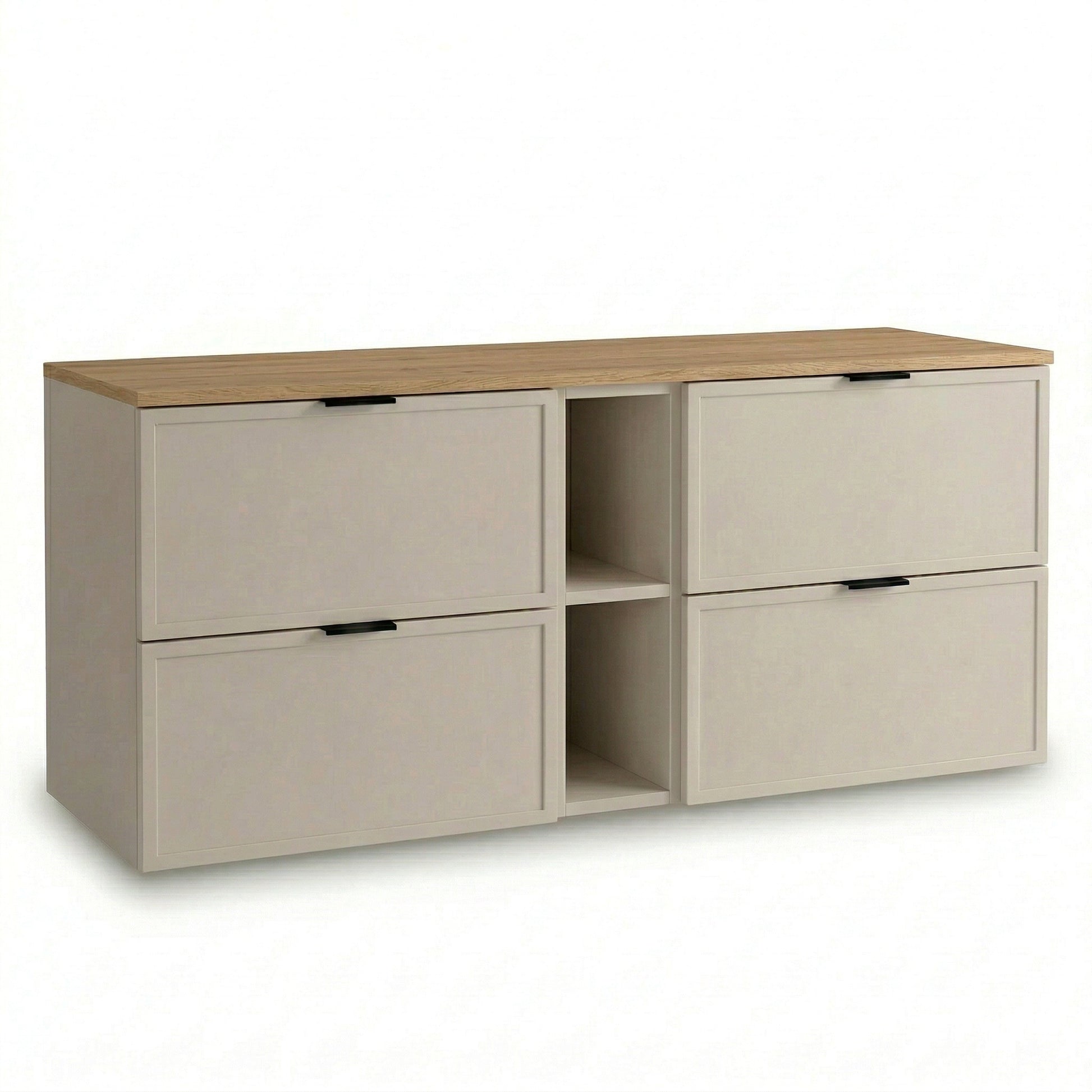 Dulap pentru lavoar Roma 140 cm Cașmir / Stejar Cremona top, cu 4 sertare, modul lateral 20 cm și blat Stejar Cremona, fronturi MDF cu ramă decorativă.