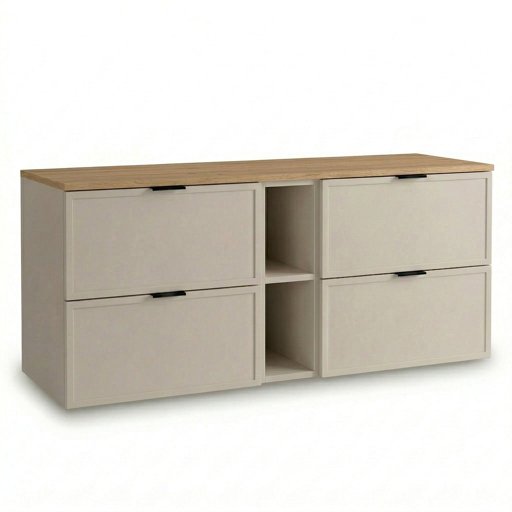 Dulap pentru lavoar Roma 140 cm Cașmir / Stejar Cremona top, cu 4 sertare, modul lateral 20 cm și blat Stejar Cremona, fronturi MDF cu ramă decorativă.