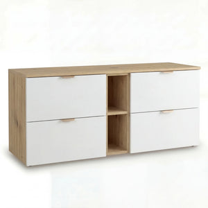 Dulap pentru lavoar Orio 140 cm Alb/Stejar Artizanal cu 4 sertare Soft-Close, raft deschis și blat decor lemn, ideal pentru baie modernă.
