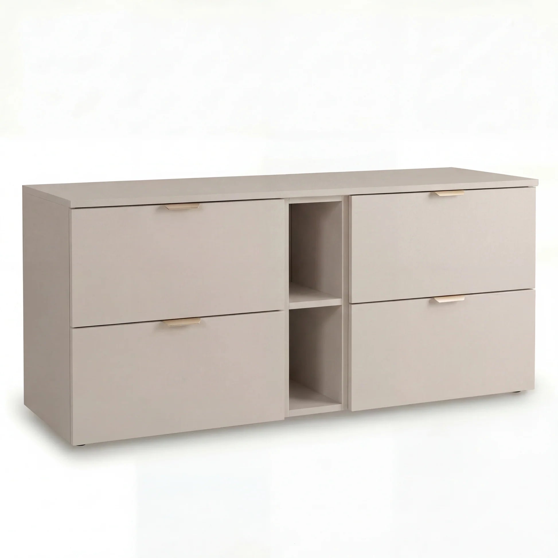 Dulap pentru lavoar Orio 140 cm Cașmir cu 4 sertare Soft-Close, raft deschis lateral și blat în finisaj Cașmir, pentru baie modernă și elegantă.